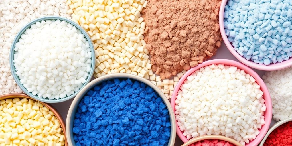 Verschiedene Katzenstreu-Typen in Schalen angeordnet.