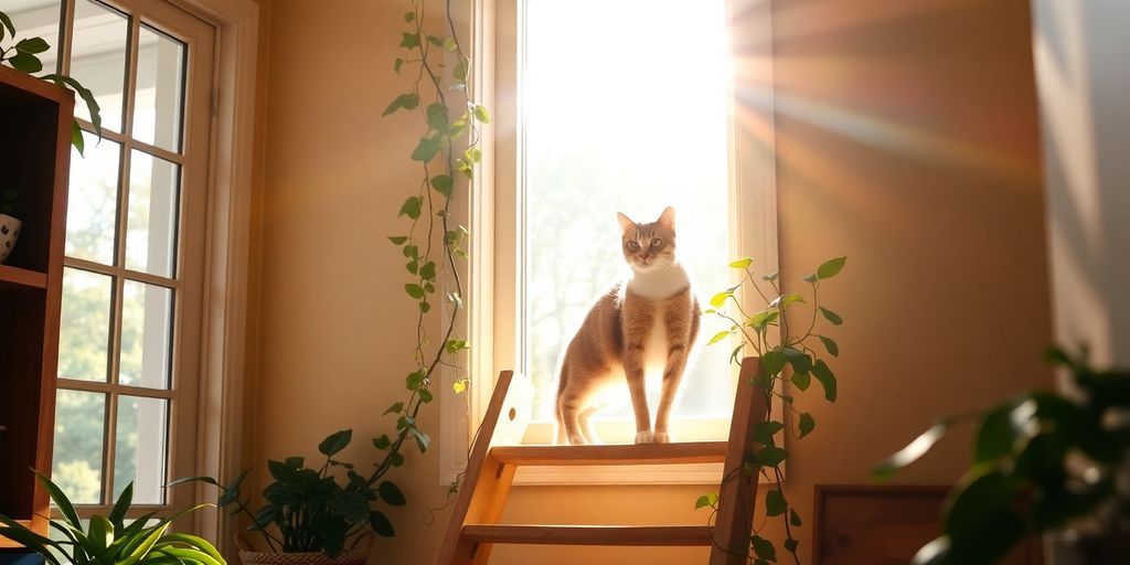Katzenleiter aus Holz mit Katze am Fenster.