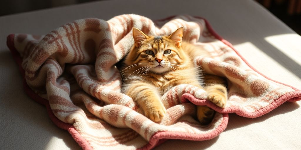 Gemütliche Katzendecke mit einer entspannten Katze darauf.