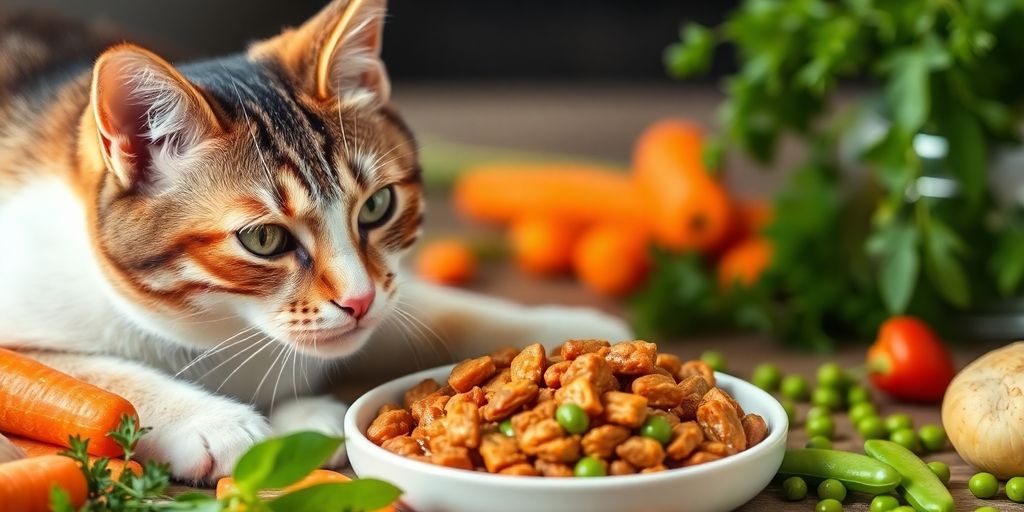 Katze frisst Leberdiät mit frischem Gemüse.