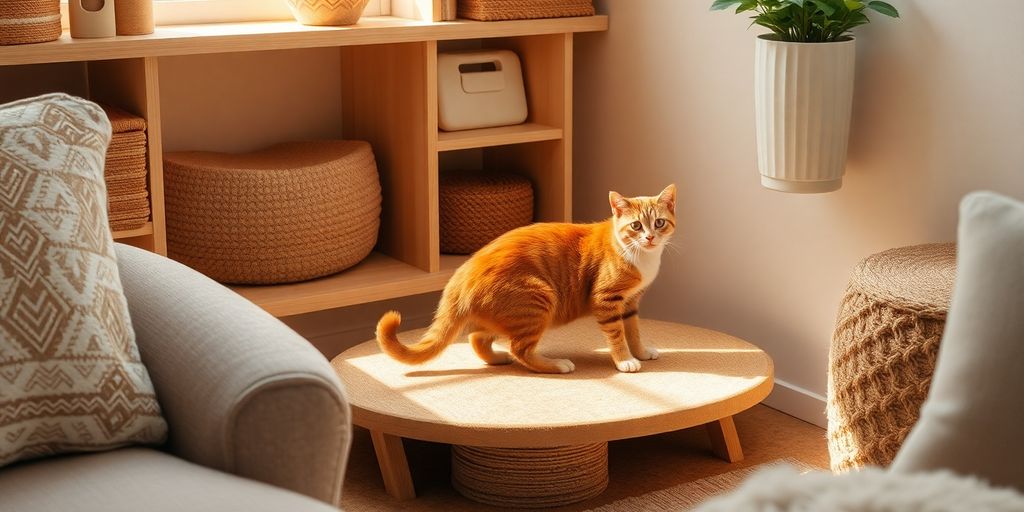 Katze kratzt an einem Kratzbrett in sonniger Ecke.