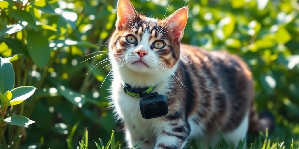 Katze mit GPS-Halsband im Garten erkundend.