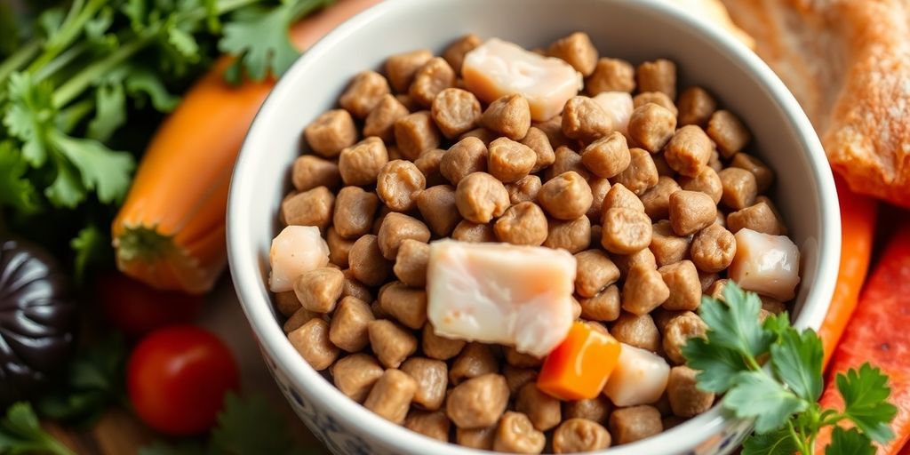 Schüssel mit getreidefreiem Katzenfutter und frischen Zutaten.