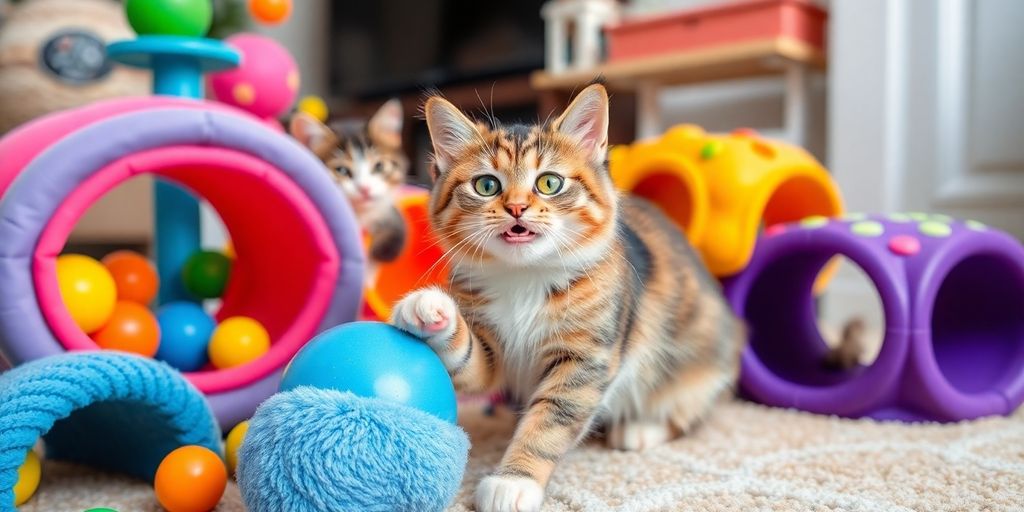 Interaktive Spielschienen mit einer spielenden Katze.