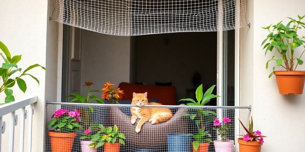 Katzennetz auf Balkon mit entspannter Katze.