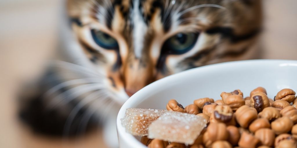 Katze blickt neugierig auf eine Schüssel Katzenfutter.
