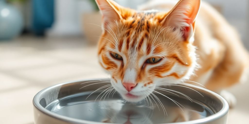 Katze trinkt Wasser aus einer Schüssel.