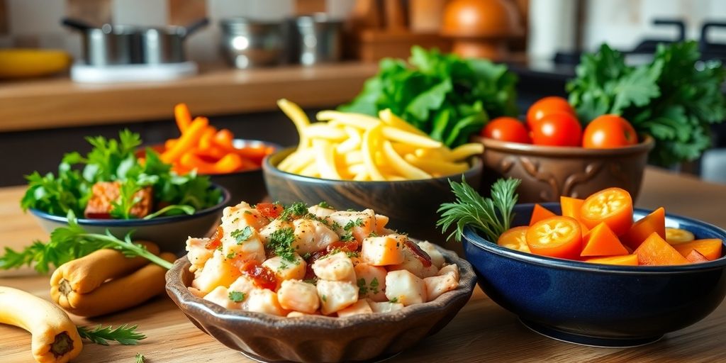 Hausgemachtes Katzenfutter in bunten Schalen.