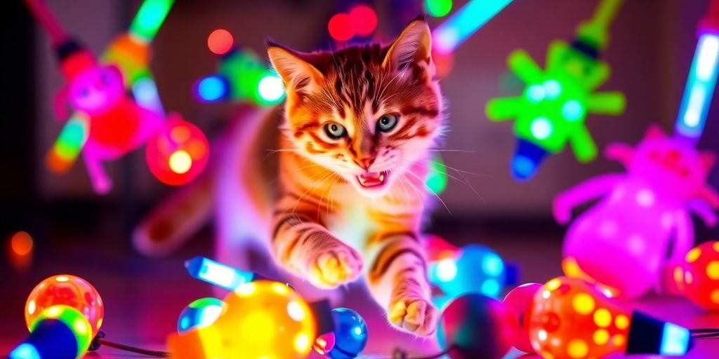Katze spielt mit bunten LED-Spielzeugen.