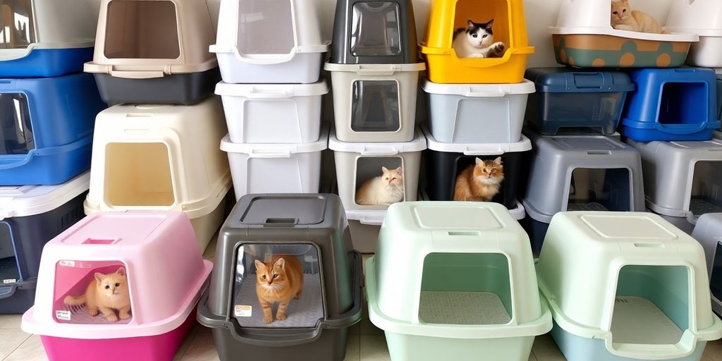 Verschiedene Katzentoiletten in unterschiedlichen Größen und Formen.