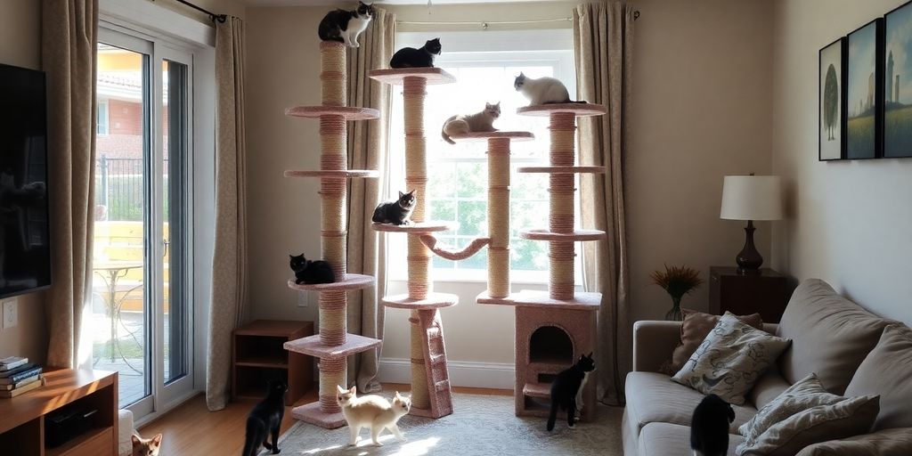 Gemütlicher Katzenkratzbaum mit spielenden Katzen.