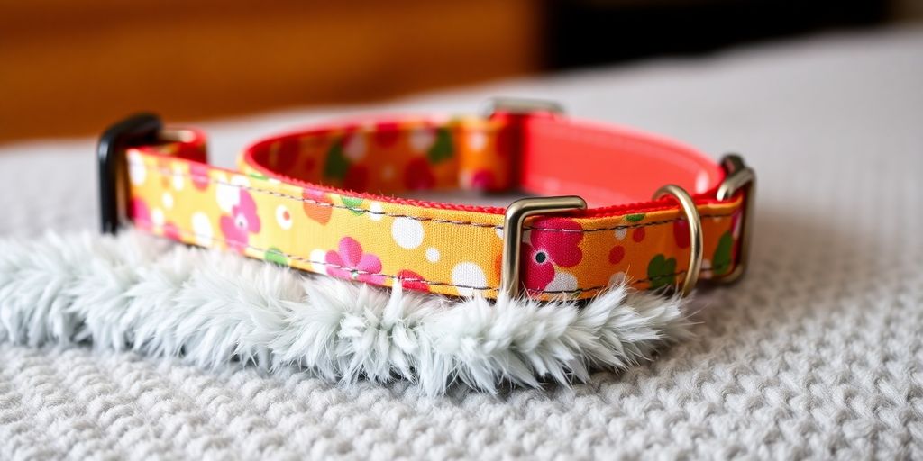 Katzenhalsband in bunten Farben auf weichem Untergrund.