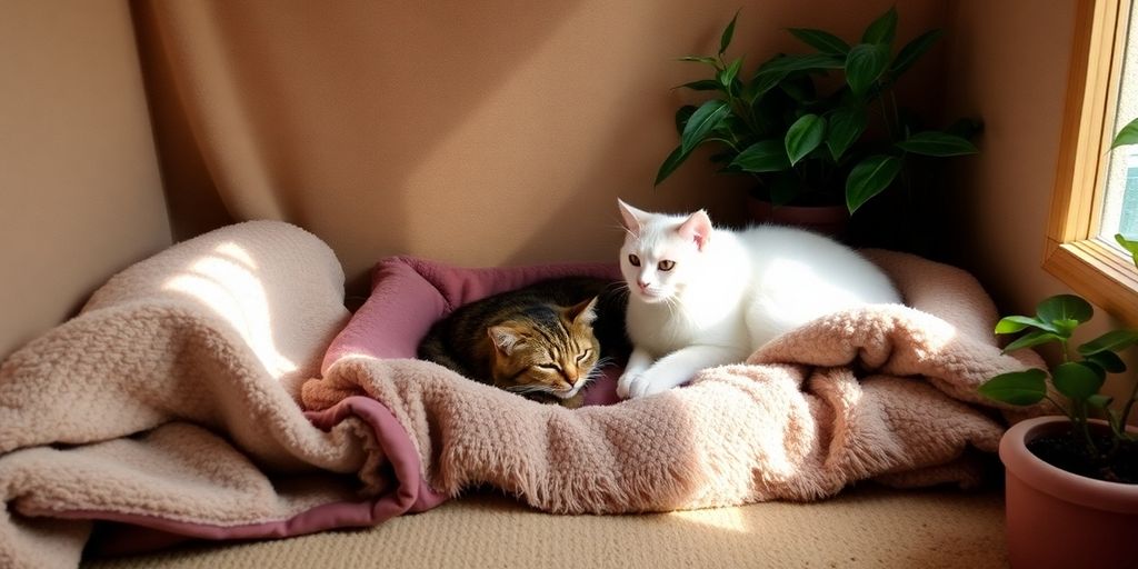Gemütliche Rückzugsmöglichkeit für Katzen mit weichen Decken.