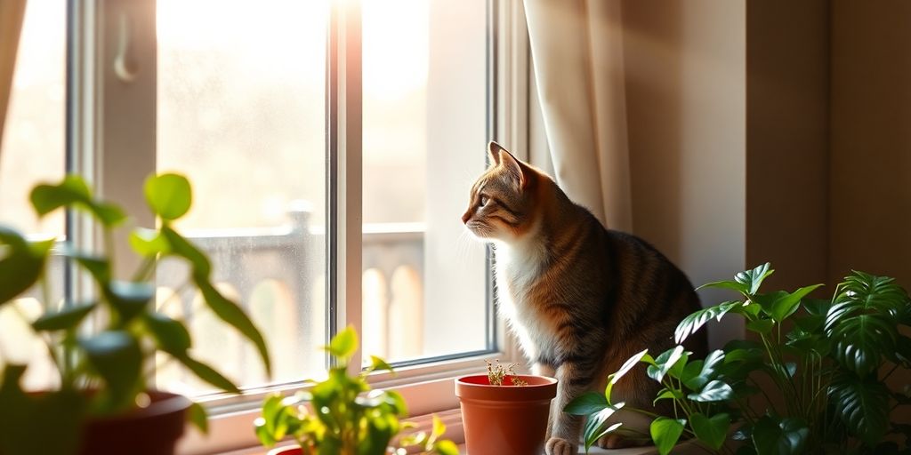 Wohnungskatze schaut aus dem Fenster.