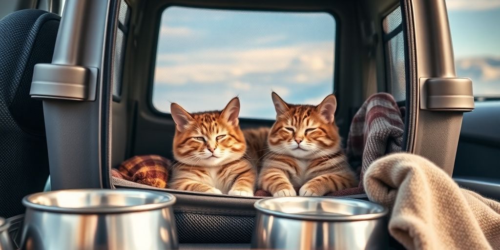 Katze im Transportkäfig auf Reise mit Futter.