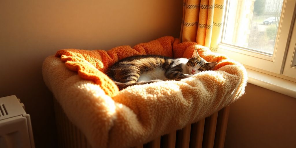 Katzenbett auf Heizkörper mit einer entspannten Katze.