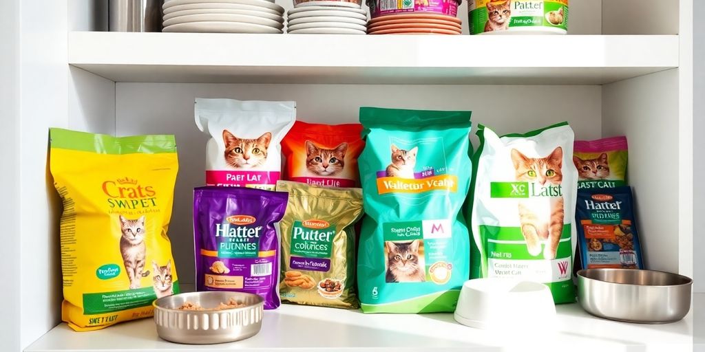Ordentliches Katzenfutter auf einem Küchenschrank.