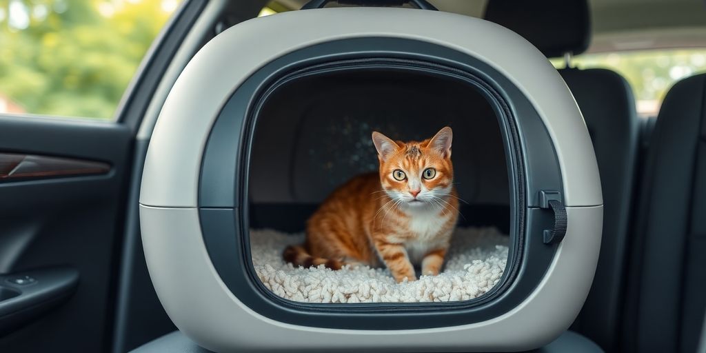 Katzentransportbox für Reisen mit einer Katze darin.