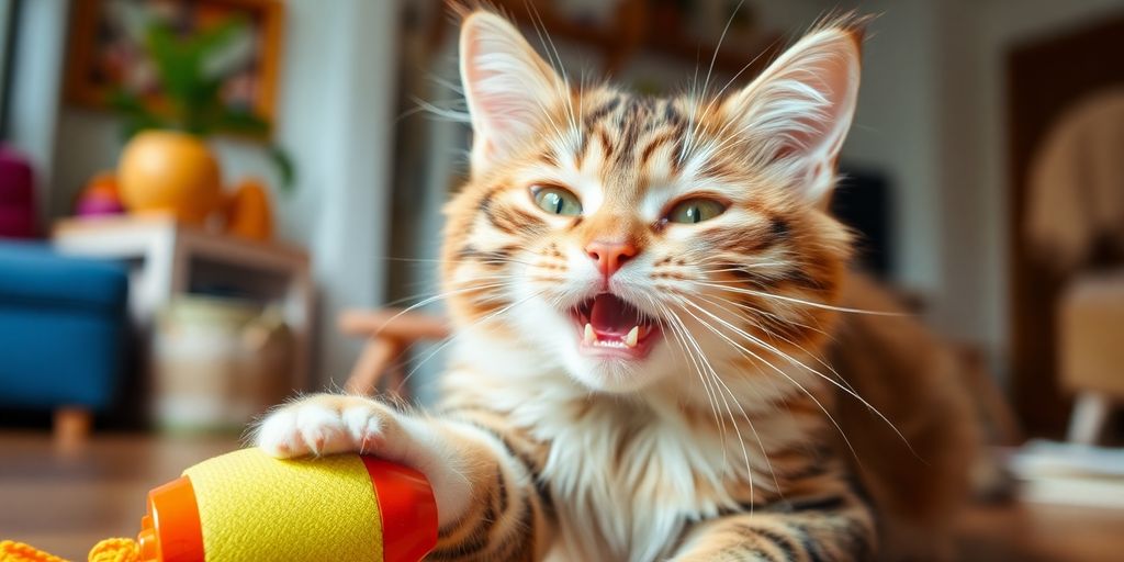 Aktive Katze spielt mit Spielzeug in lebhaftem Raum.