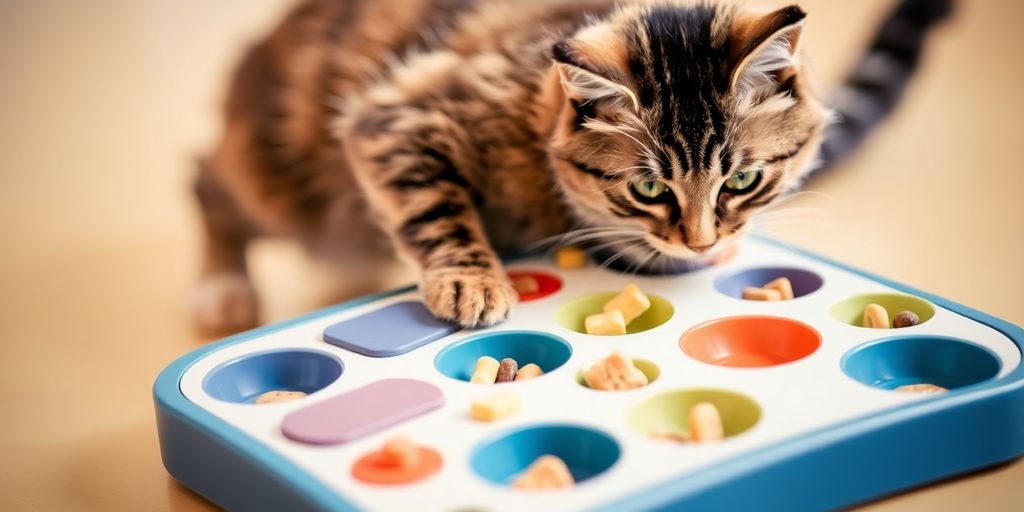 Katzenspielzeug mit bunten Fächern und einer neugierigen Katze.