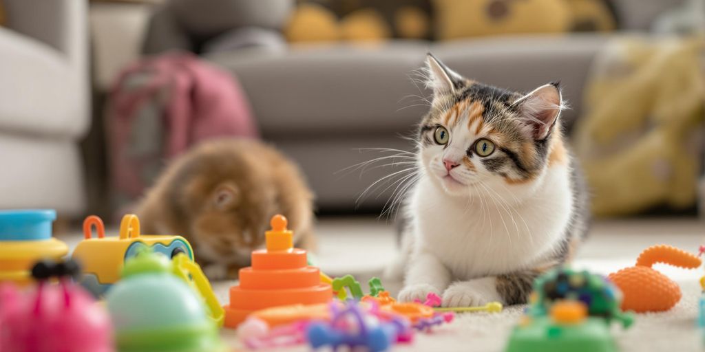 Verspielte Wohnungskatze mit bunten Spielzeugen im Wohnzimmer.