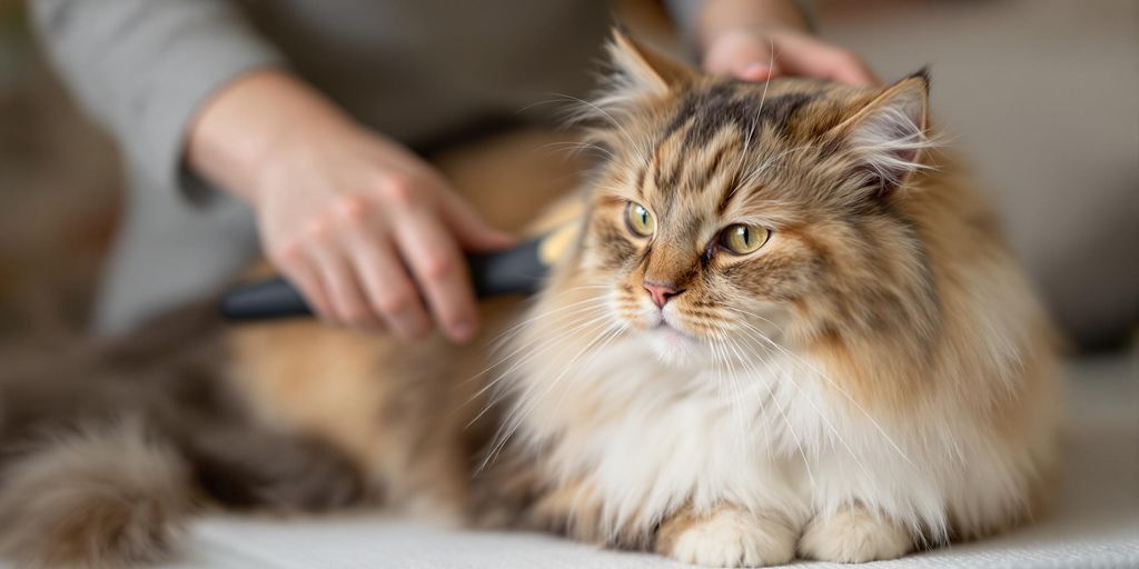 Langhaarkatze wird sanft gebürstet.