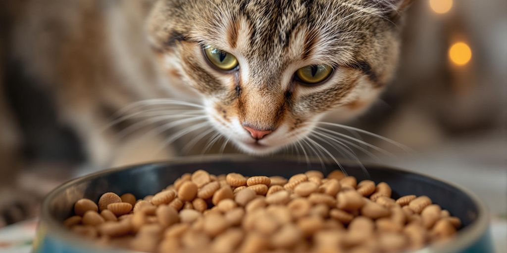 Katze frisst aus einer Schüssel mit Katzenfutter.