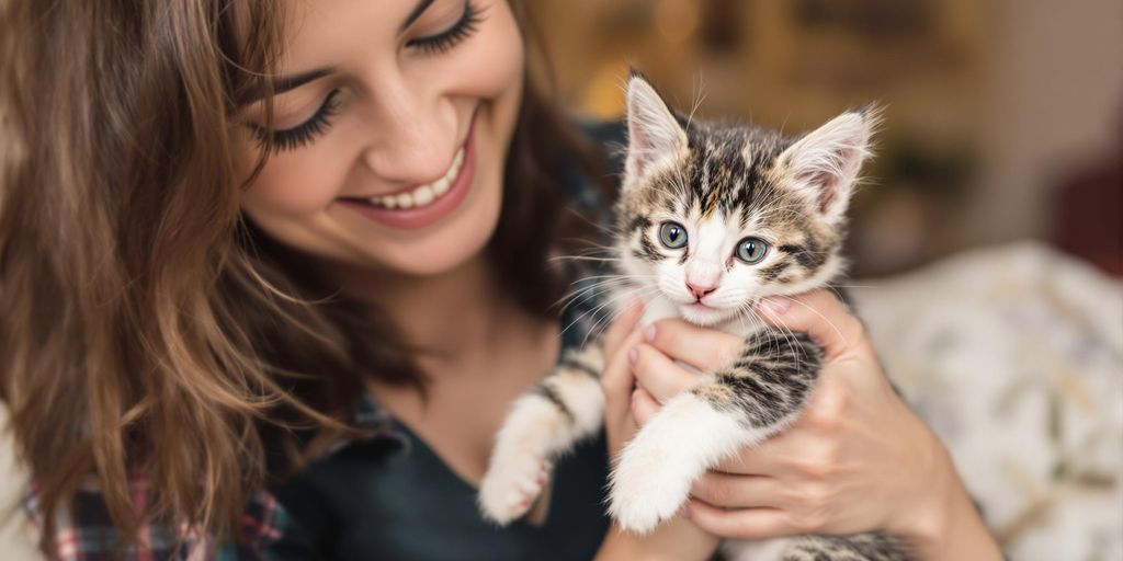 Eine Person mit einem süßen Kätzchen in der Hand.