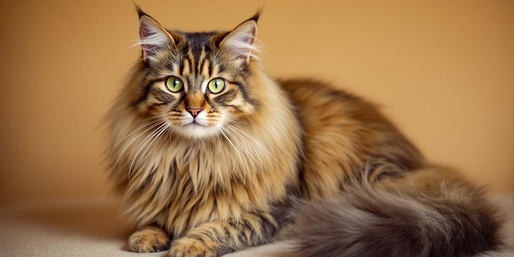Maine Coon Katze mit großen Ohren und buschigem Schwanz.