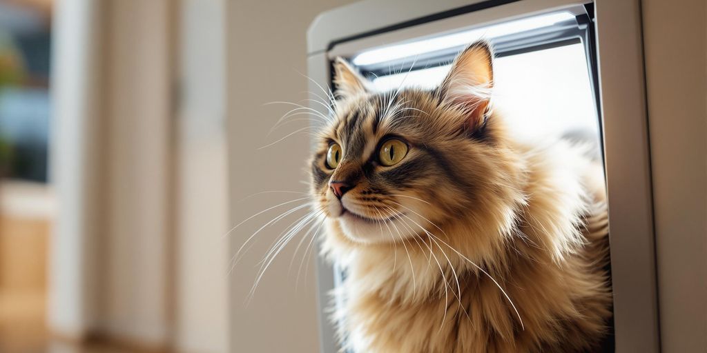 Eine Katze nutzt eine Katzenklappe in einer Wohnung.