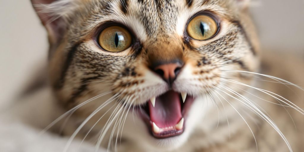 Eine miauwende Katze mit neugierigem Blick.