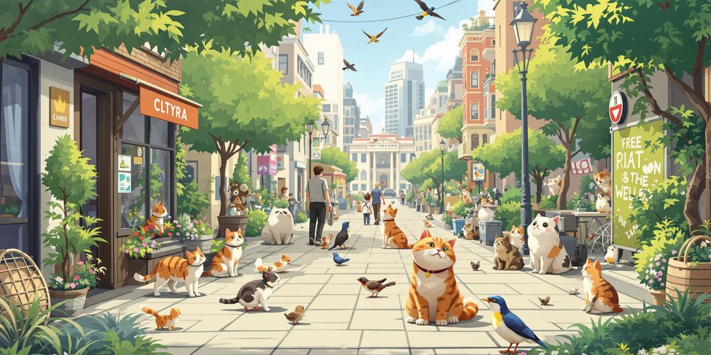 Freigänger Tiere in der Stadt, wie Katzen und Vögel.