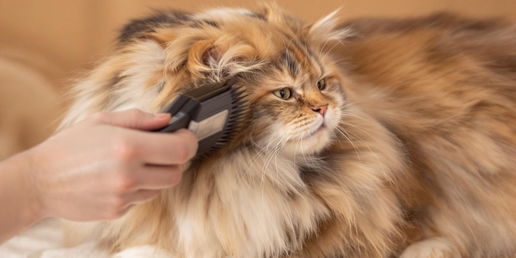 Person bürstet eine Langhaarkatze mit sanften Bewegungen.