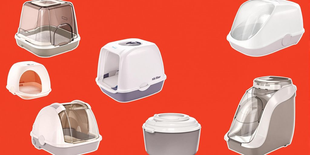 Verschiedene Katzenklos in verschiedenen Designs und Farben.