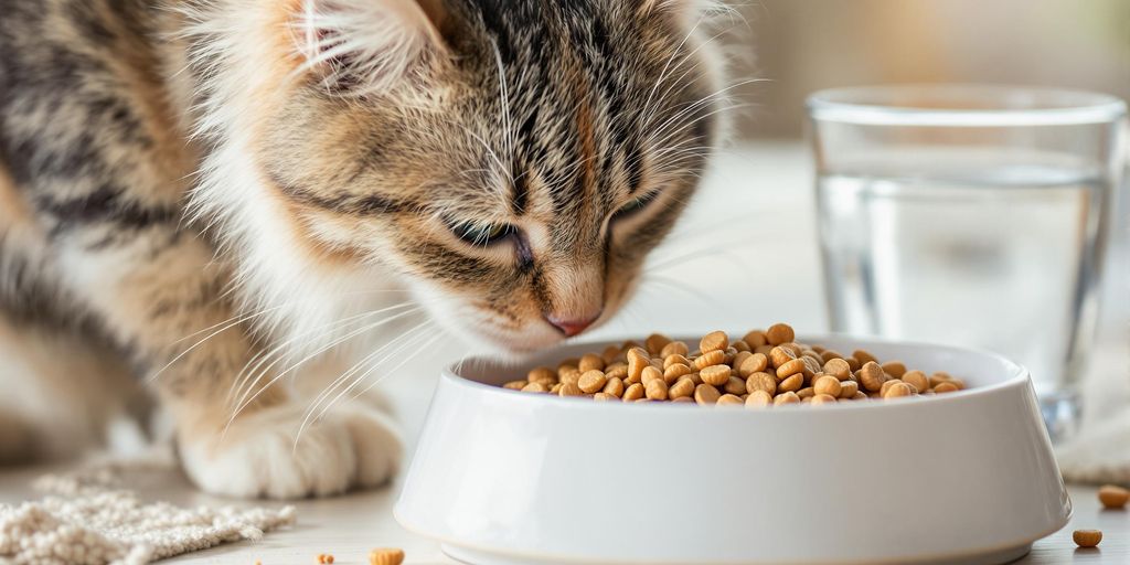 Katze frisst aus einer Schüssel mit Katzenfutter.