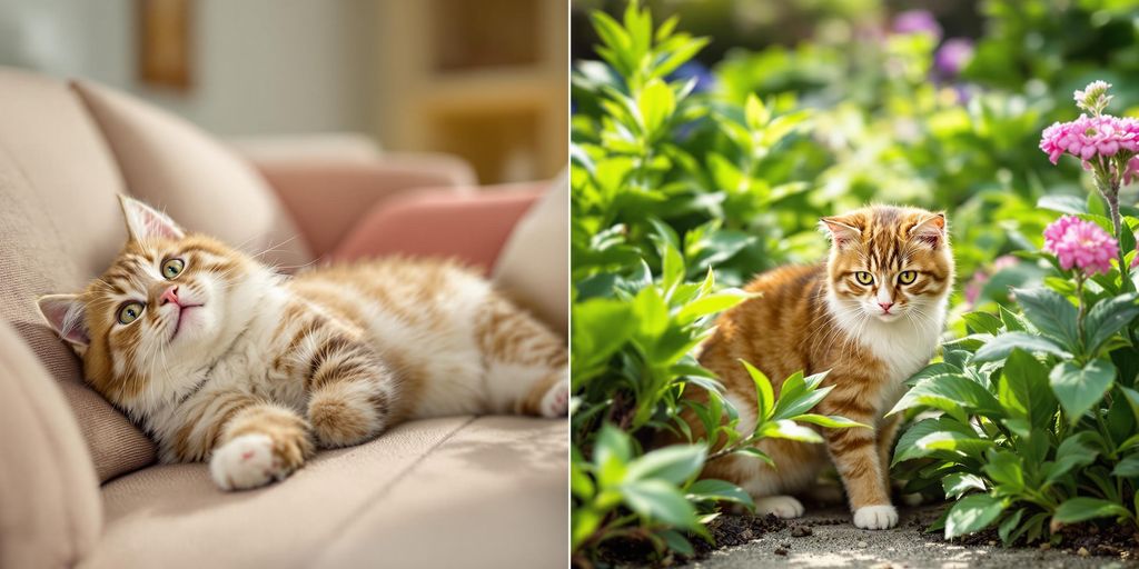 Ein glückliche Wohnungskatze und eine erkundende Freigängerkatze.