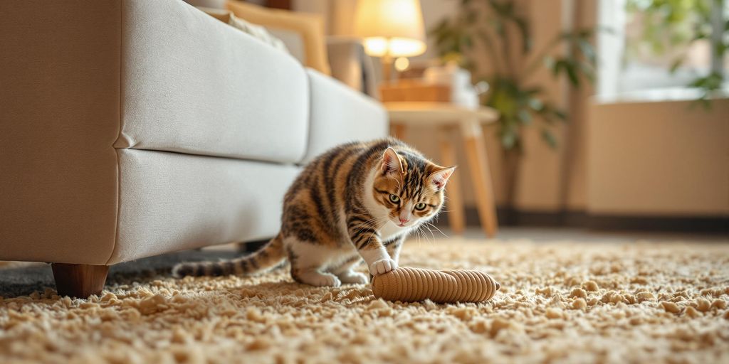 Neue Katze erkundet ihr Zuhause in einem Wohnzimmer.