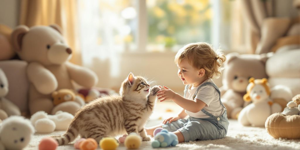 Kätzchen und Kind spielen in einem gemütlichen Raum.