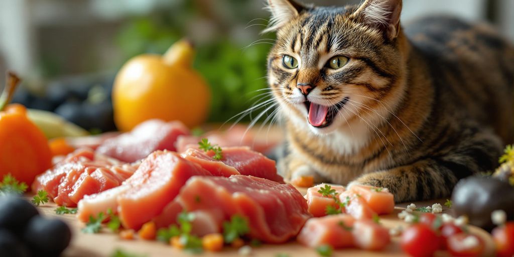 Katze frisst frisches rohes Futter.