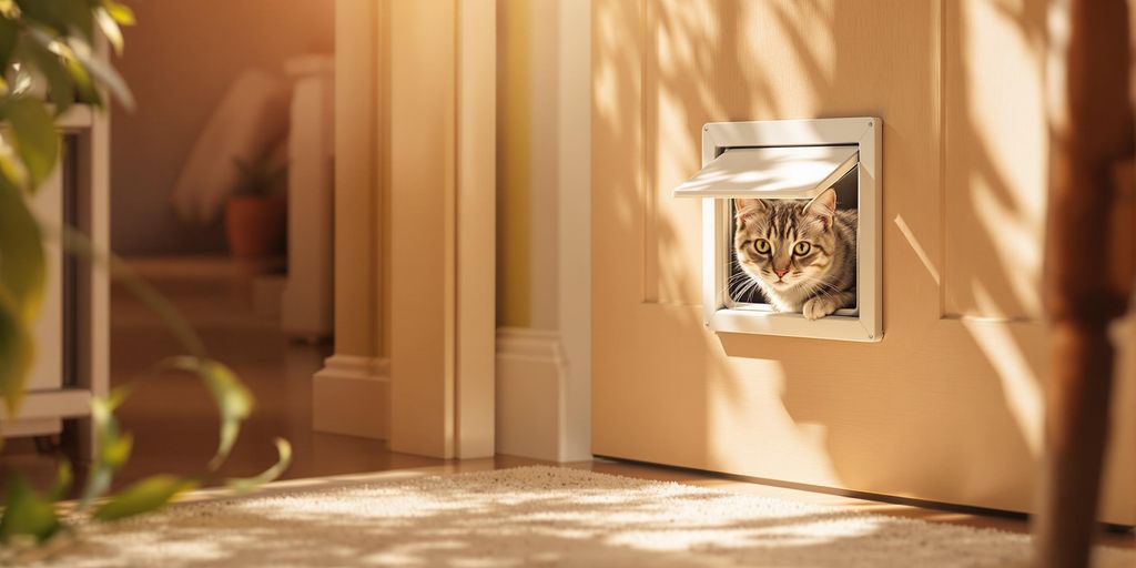 Katzenklappe in Tür mit neugieriger Katze.