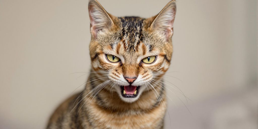 Aggressive Katze mit gebogenem Rücken und flachen Ohren.