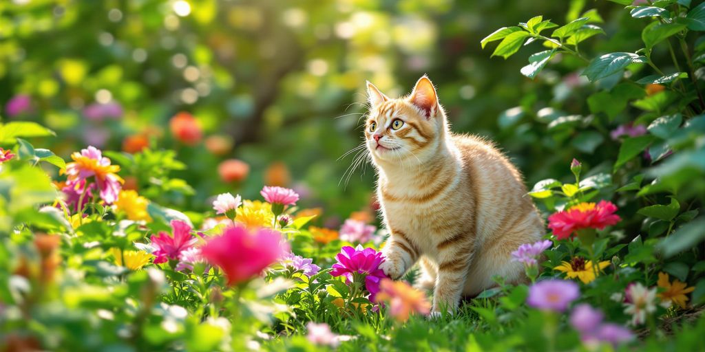 Glückliche Katze erkundet den Garten.