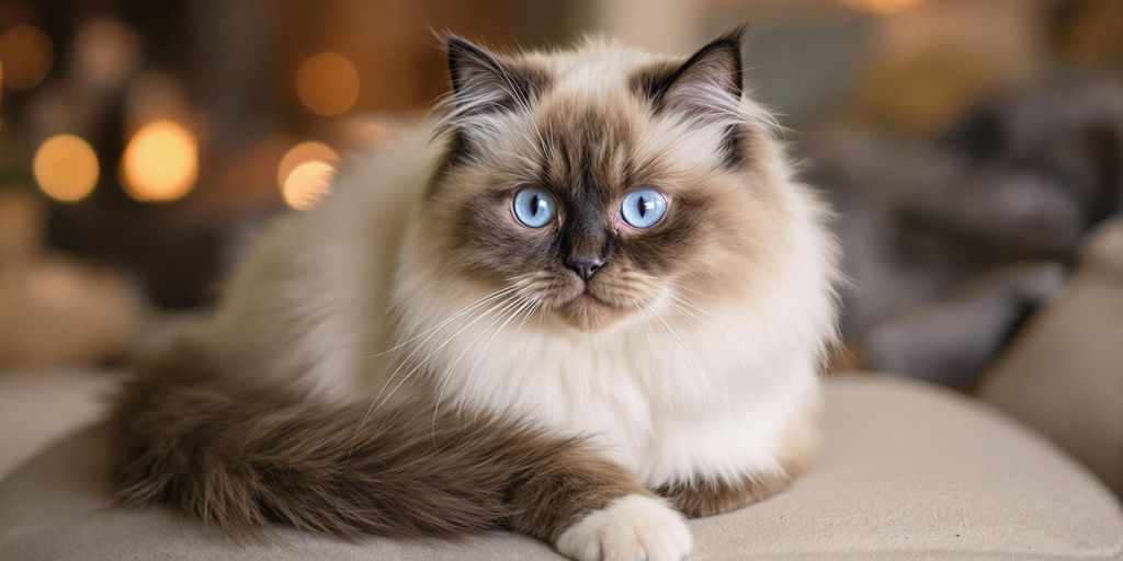 Eine Ragdoll-Katze mit blauen Augen und flauschigem Fell.