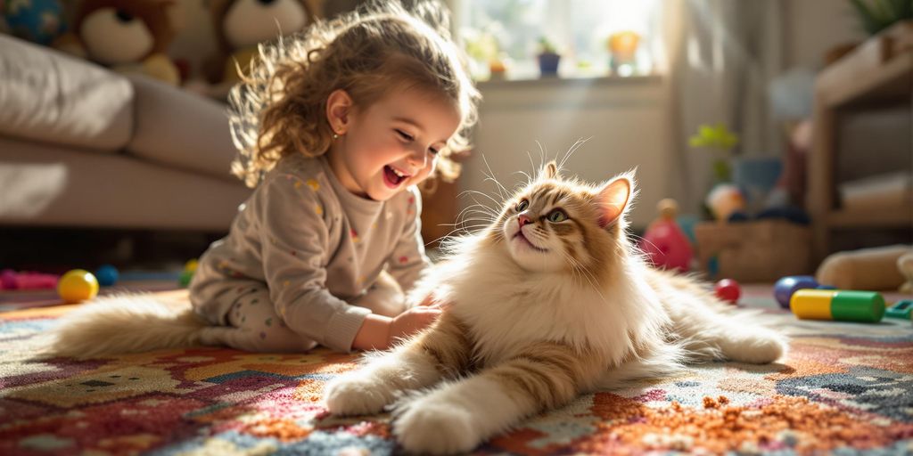Kind spielt mit einer Katze in einem gemütlichen Raum.