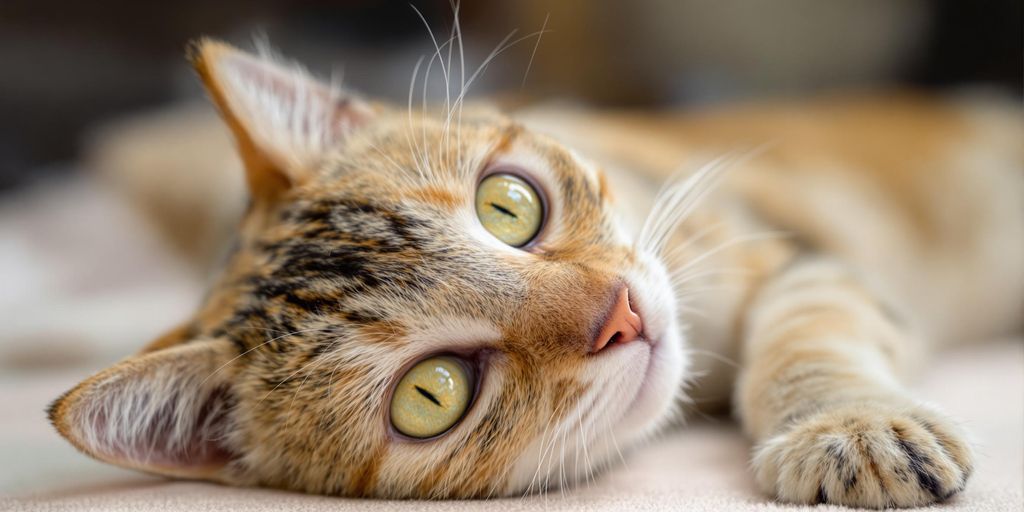 Gesunde Hauskatze mit glänzendem Fell auf weichem Untergrund.