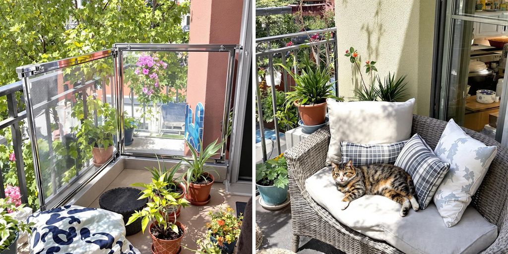 Katzensicherer Balkon mit Pflanzen und einer entspannten Katze.