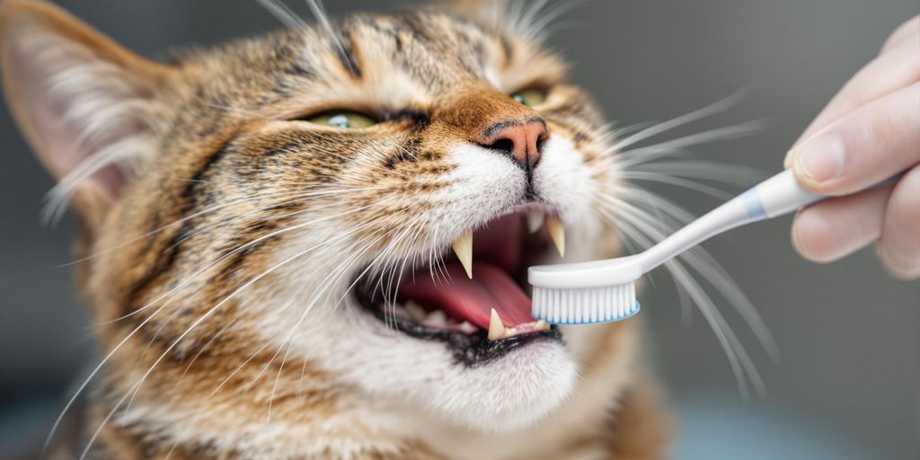 Katze erhält Zahnreinigung mit Zahnbürste und Zahnpasta.